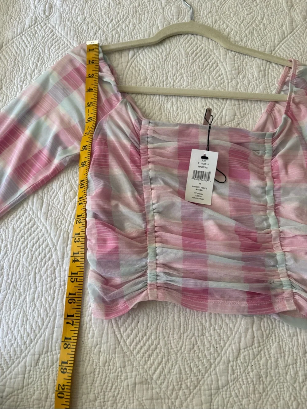 NWT BCBG Generation Mesh Gingham Top in Madras Plaid. Pastel pinks/blues. Size M - Picture 9 of 16